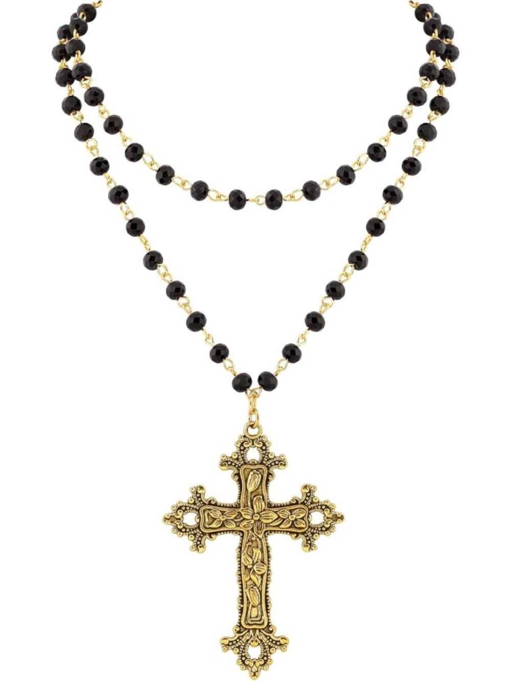 Layered Black Beaded Cross Necklace | Y2K Gothic Emo Grunge Jewelry Gift for